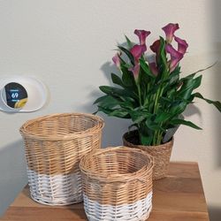 Set of 2 Woven Storage Baskets / Planters – Neutral Boho Style