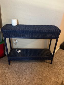 Blue Wicker Console Table with Bottom Shelf