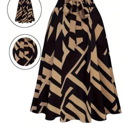 Hot Women's Trendy Fashion Color Block Casual Printed Waist-Tie Bow Elegant Versatile Commuter Style A-Line Skirt