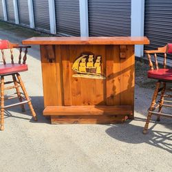 Antique Hand-carved Solid Wood Bar With Stools