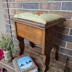 Vintage Primitive Needlepoint Hand Crafted Wood Sewing Box Stool