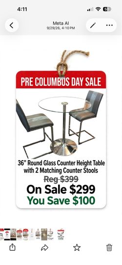 36 round glass counter height table with 2 matching counter stools reg $399 on sale $299