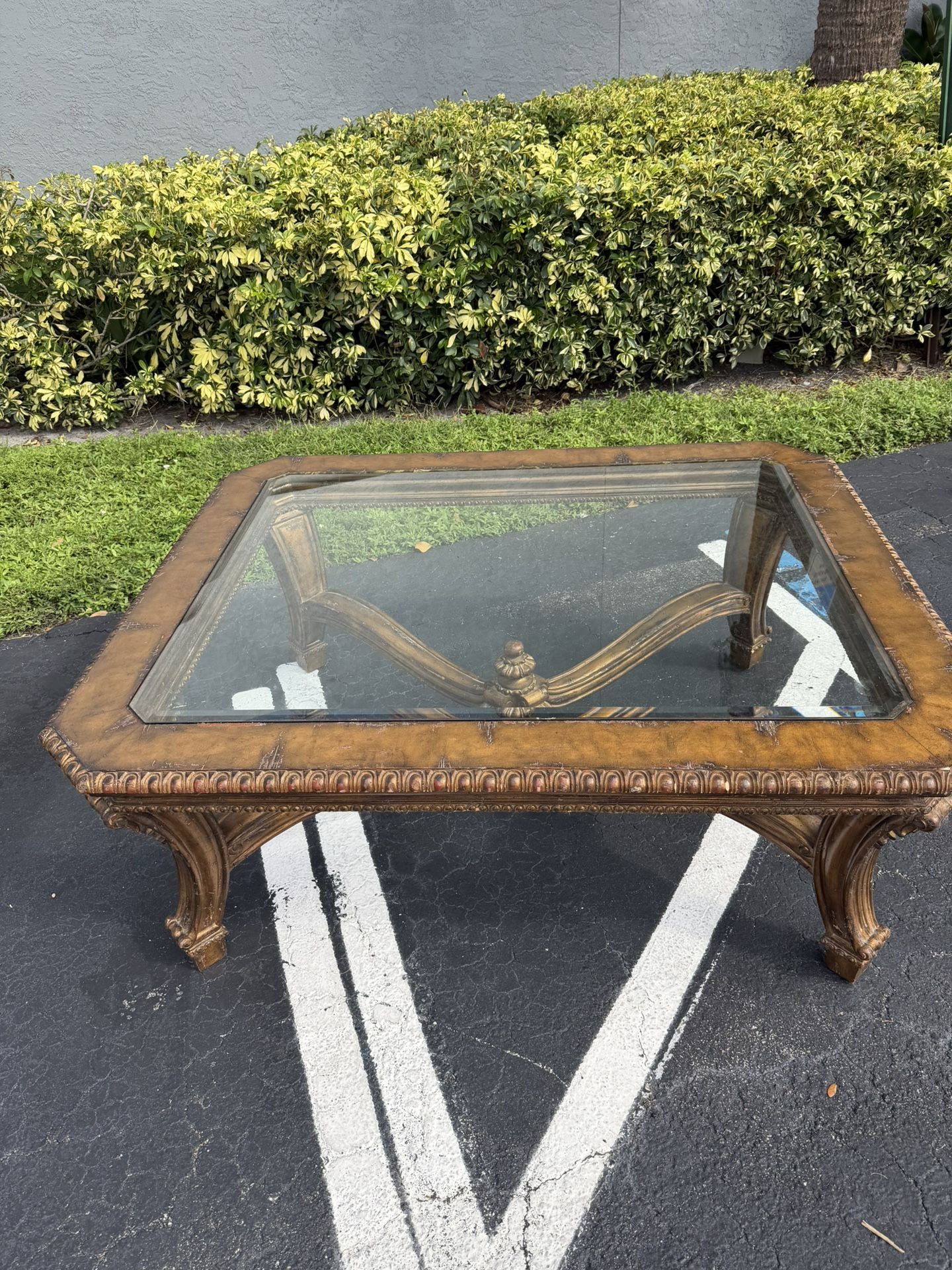 Beautiful Gold Wood Vintage Antique Style Middle Coffee Living Room Table Glass Square Large Huge Big Giant