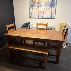 Wooden Dining Room Table with 3 Chairs and Bench
