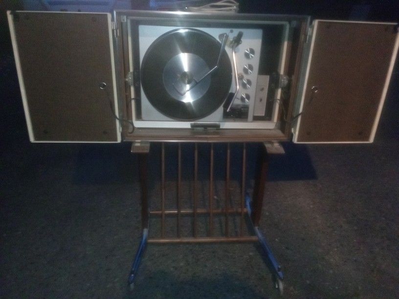 Vintage RCA Victor Rolling Record Player With Fold Out Speakers And Record Storage Underneath. Very Cool!!!