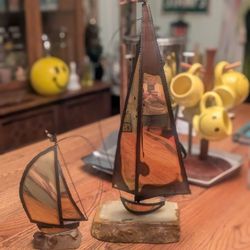 Vintage 1970s Brass/Copper Sailboat Sculptures, Pair Hippie Boho Handmade Signed Artwork Sculptures 