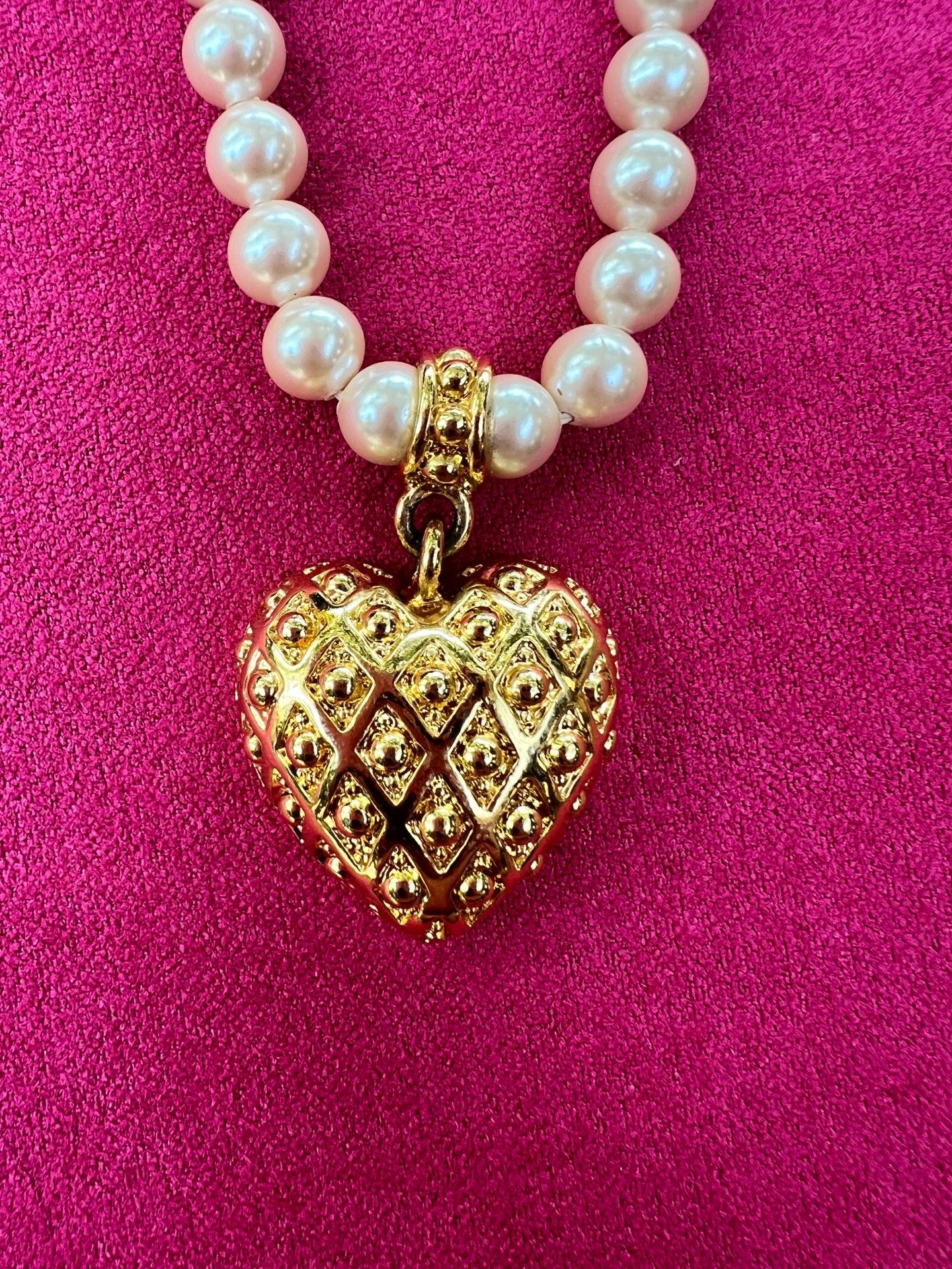 Pink Pearls Necklace & Heart Charm - Vintage MONET