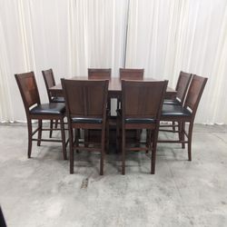 Dark Brown Wood Counter Height Dining Set with Eight Chairs