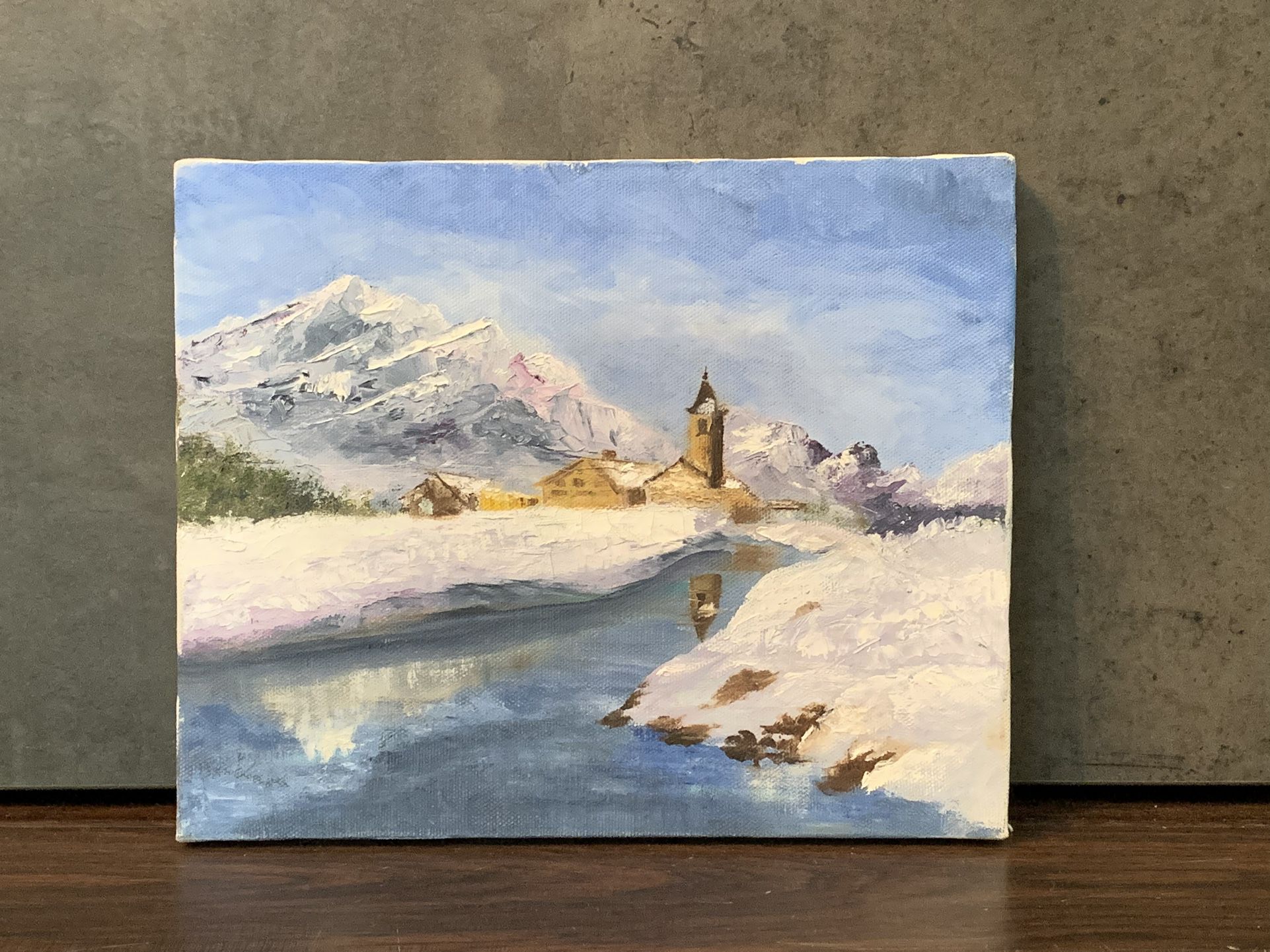 c1960 European Winter River Landscape Oil Painting by Mystery Artist