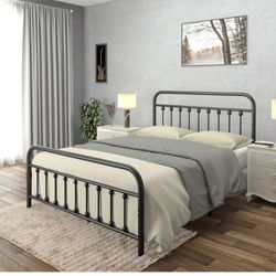 Beds Vintage Style King Size Metal Bed Frame with Wrought Iron Headboard and Footboard – Classic Platform Bed with 11" Storage Space, No Box Spring Re