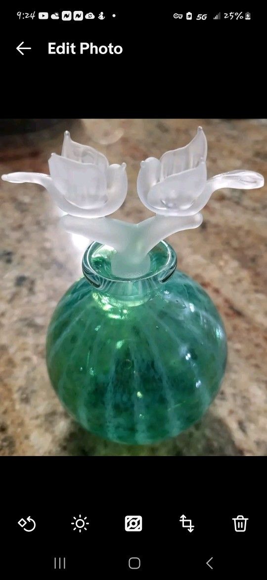 Vintage Perfume Bottle Blown Glass Green & Clear With 2 Birds For Stopper. One Small Chip On One Of The Birds Wing. See Last Photo
