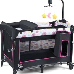 4in1 Pink Pack and Play, Baby Bedside Sleeper with Bassinet, 3 Adjustable Heights, Music Box, Easy to Install, Foldable Bedside Crib w/Changing Table,