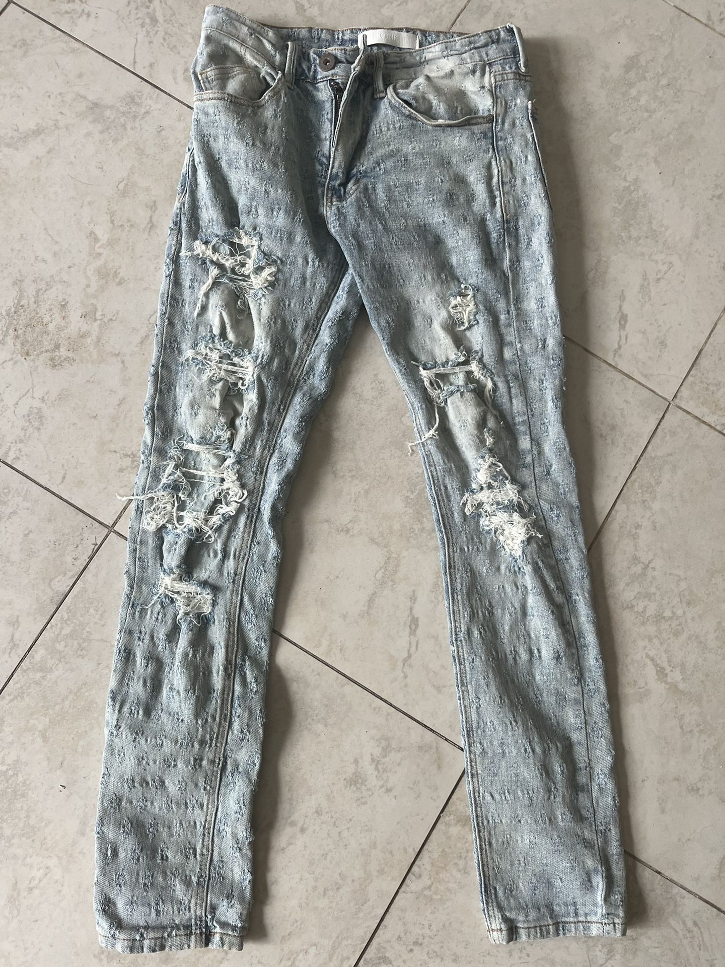 Blue Embossed Grid Denim Jeans