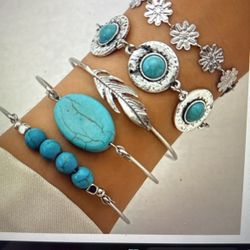 Five Piece Set Of Delicate Braces With Daisy Design Turquoise In Laid Vintage Bohemian Style