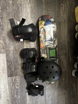 Skate board, helmet, pads.