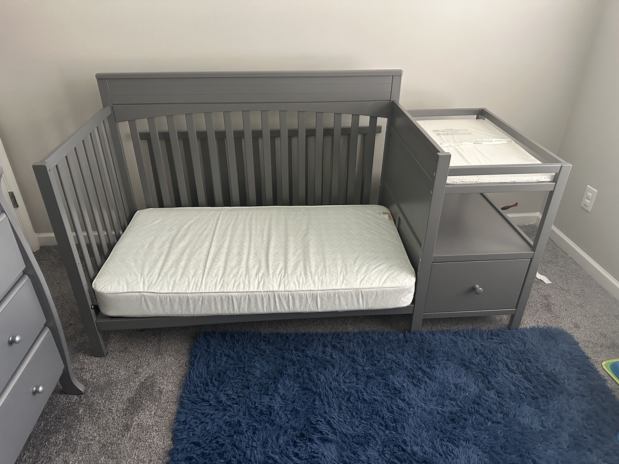 Gray Crib/Toddler Bed And Changing Dresser Bundle With Mattress