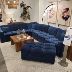 Blue Sectional Sofa - Oversized Plush Corduroy Fabric Sectional