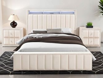 Brand New Beige Queen Bed Frame w Two Nightstands