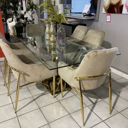Clear Glass Top & Mirrored Gold Dining Room Set / 7pc