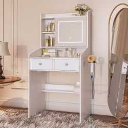 Small Makeup Vanity Desk with Sliding Mirror & Dimmable LED Lights