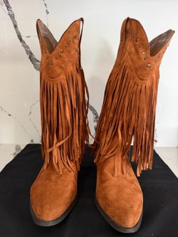 Suede Fringe Cowboy Boots with Studs