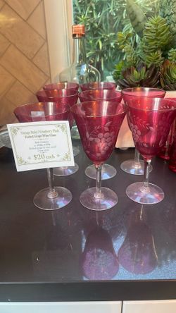 Moving sell- etched grape wine glasses