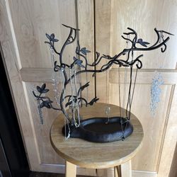 Cast Iron Jewelry Tree Stand with Assorted Jewelry & Earrings