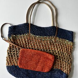 Colorful Stripe Raffia Straw Stripe Tote Wristlet with Wrist Strap Clutch