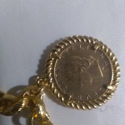 14 Kt    Gold Plated Bronze 💯 bracelet.L 20 Lira coin.made In Italy 🆕🆕🆕