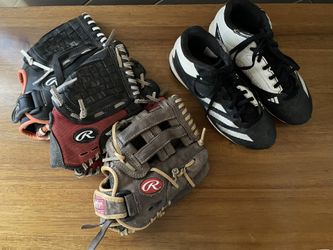 Baseball Mitts (3) And Cleats — Rawlings and Adidas (Youth)