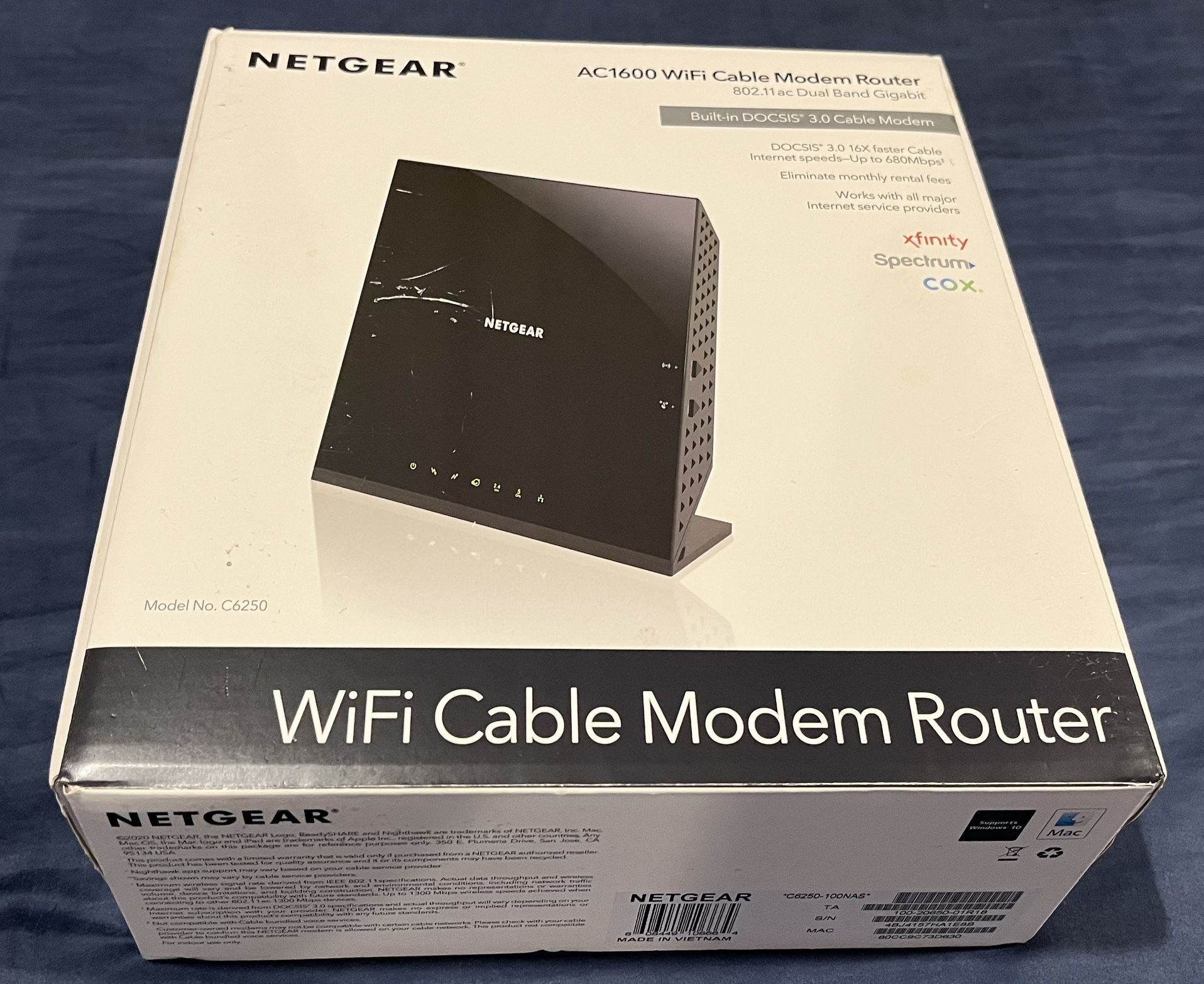 NETGEAR AC1600 WiFi Cable Modem Router (C6250-100NAS) — Used Once