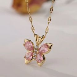 🌸PINK BUTTERFLY NECKLACE 🌸18 K Gold On Stainless Steel 