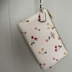 Coach White Cherry-Print Wristlet with Gold Hardware