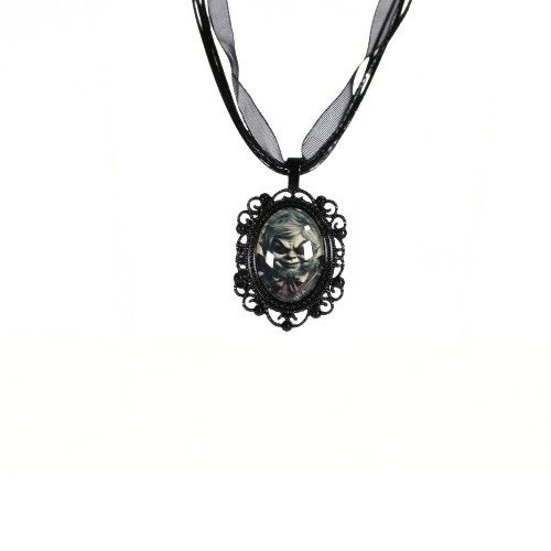 Evil Leprechaun Gothic Victorian Black Metal Pendant Necklace Black Ribbon Adjustable