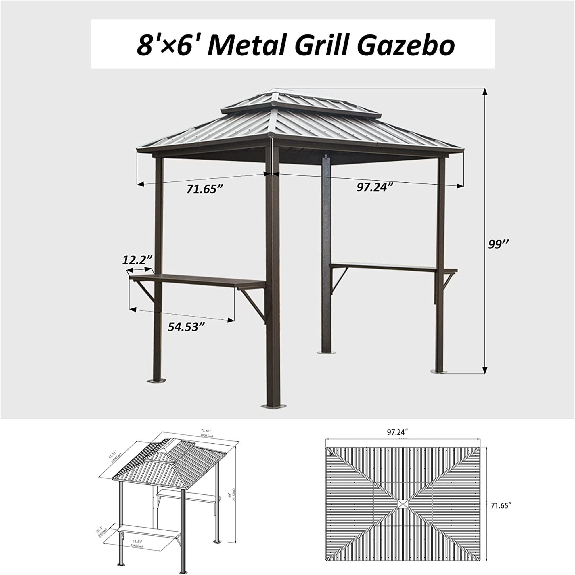 Grill Gazebo 8' × 6', Aluminum BBQ Gazebo Outdoor Metal Frame with Shelves Serving Tables, Permanent Double Roof Hard top Gazebos for Patio Lawn Deck