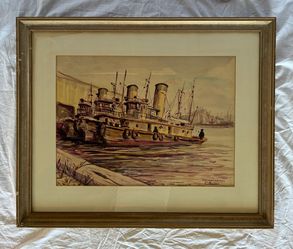 Original Watercolor Painting - F.J. Steinhardt - East River Tug Boats - Framed
