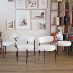 Set Of 4 - Mid-Century Modern White Round Teddy Fabric Dining Chairs w/ Black Metal Frame [NEW IN BOX] **Retails for $360 <Assembly Required> 