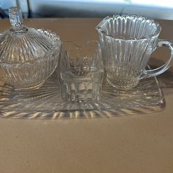 Crystal Milk, Sugar, And Packet Holders With Tray.