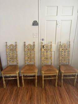 Vintage rustic farmhouse wicker and wood dining chairs