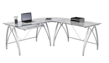 Great Condition Realspace® Vista Glass 76"W L-Shape Corner Desk, Silver