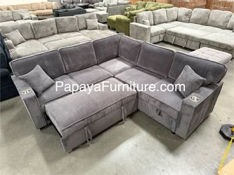 NEW Dark Grey Fabric Sectional Couch with Pullout Sleeper Bed Storage Under Seat USB Port Ashley IKEA Style Discount Furniture BIG Clearance SALE Gray