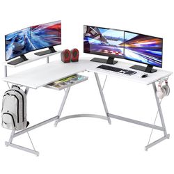 51 x 51 Inches Vista L-Shaped Desk with Monitor Stand and Drawer, White