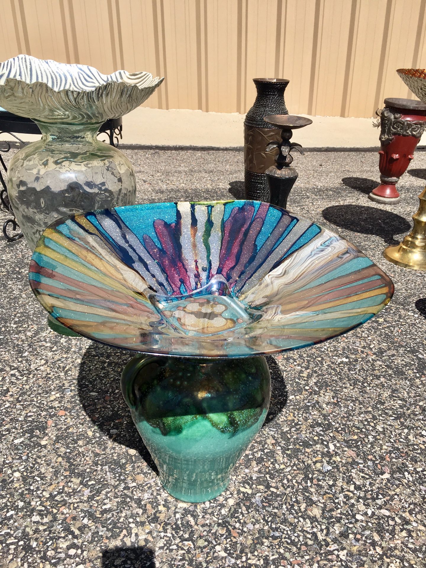 Bird Bath or Feeder for your Spring Garden- vibrant sparkle Dish with Pottery Stand!