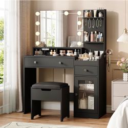 Black Vanity w/lights and chair