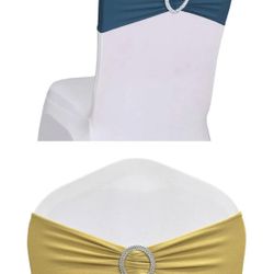 Qty 42 (30 Gold and 12 Teal) Chair Sash Bands, Universal Spandex