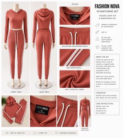 Fashion Nova XS Striped Hooded Crop Top & Sweatpants Set Rust White Adjustable