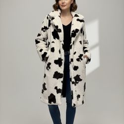 Cow Print Faux Fur Longline Amber Sky Coat - Luxury Winter Statement Jacket