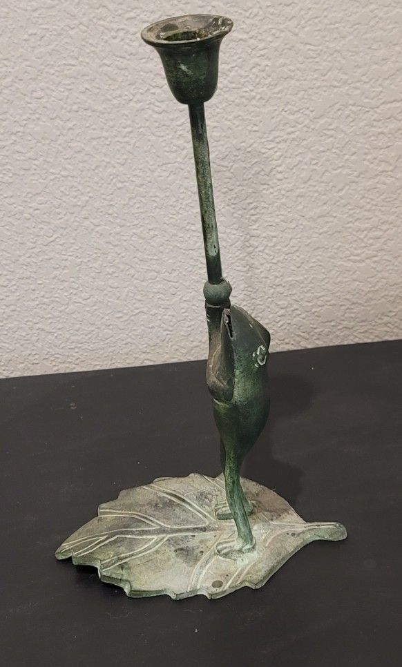 Washed Green Metal Frog on Lily Pad 11.75" Candlestick Holder