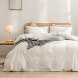 (New in pack) 
BESTOUCH Duvet Cover Set 100% Washed Cotton Linen Feel Super Soft Comfortable Chic Lightweight 3 PCs Home Bedding Set Solid Off White K