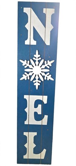 Christmas Lighted NOEL Sign Blue Wood 32in White Snowflake Battery Operated Easel